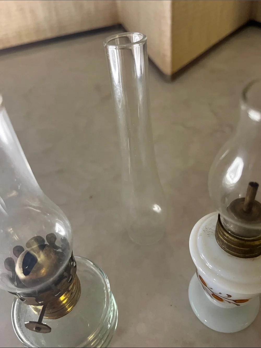 Lot of 3 Vintage Mini Glass Hurricane Oil Lamps and 2 hurricanes